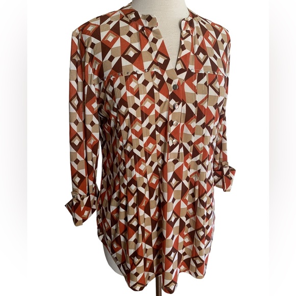 COCOMO Medium Brown Orange White 3/4 sleeve women's Pintuck Blouse top shirt - Picture 5 of 16